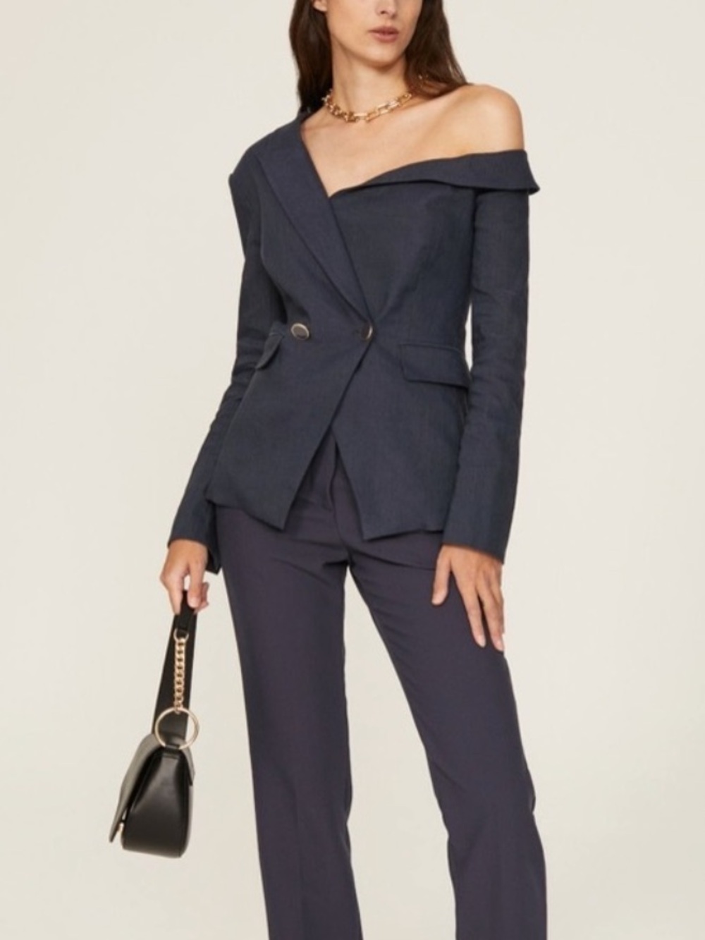 Veronica Beard Mazur Asymmetric Off-Shoulder Linen Navy Blue Blazer and Pants
